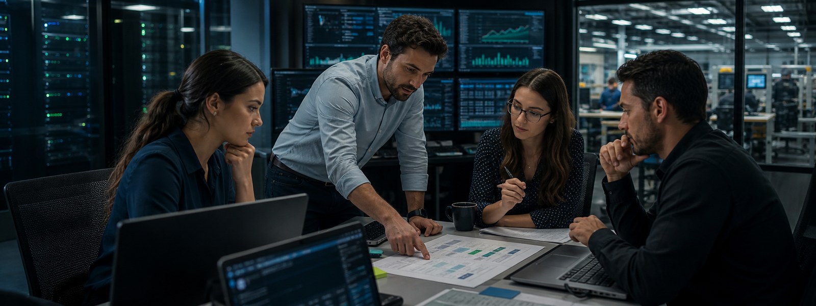 Equipe técnica revisando critérios de produção e operação em ambiente corporativo crítico
