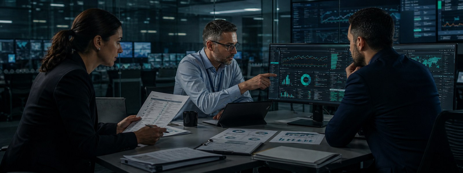 Equipe de compliance e segurança revisando dashboards e evidências de auditoria em sala de operações