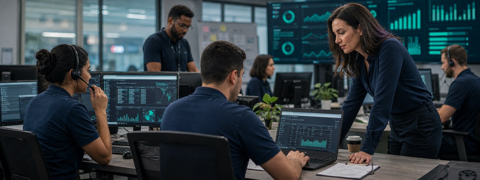 Equipe de atendimento e operações usando sistemas corporativos para executar fluxos reais
