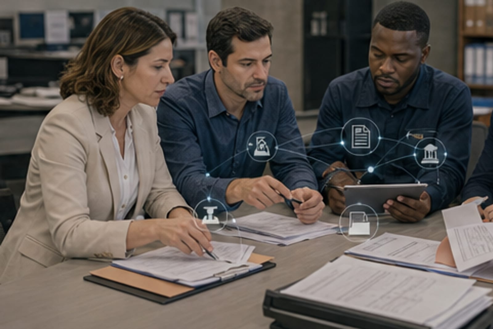 Equipe luso-brasileira organizando protocolos públicos e evidências sem dados pessoais legíveis.