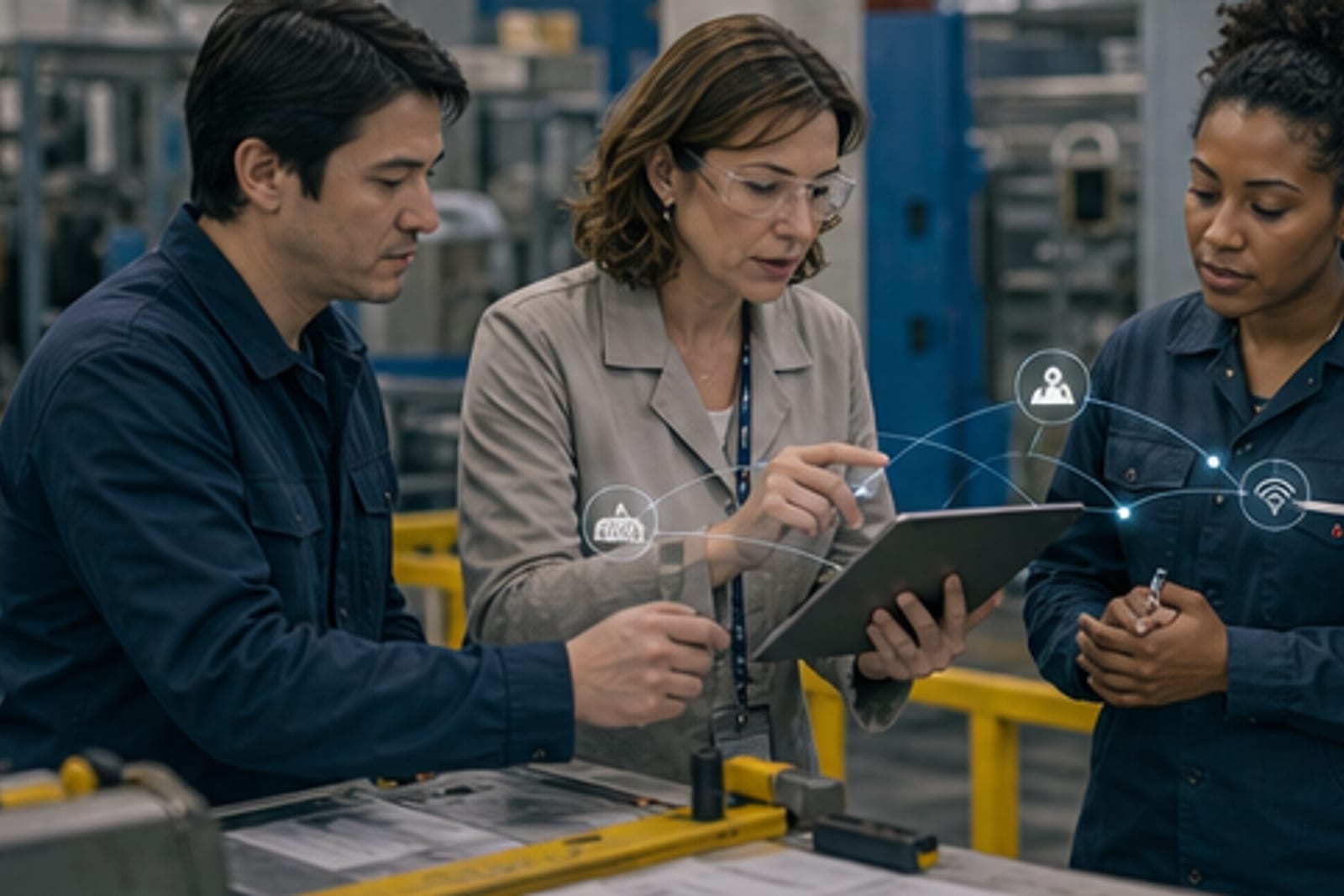 Especialista português e técnica brasileira nipo-brasileira revisando suporte técnico industrial com IA.