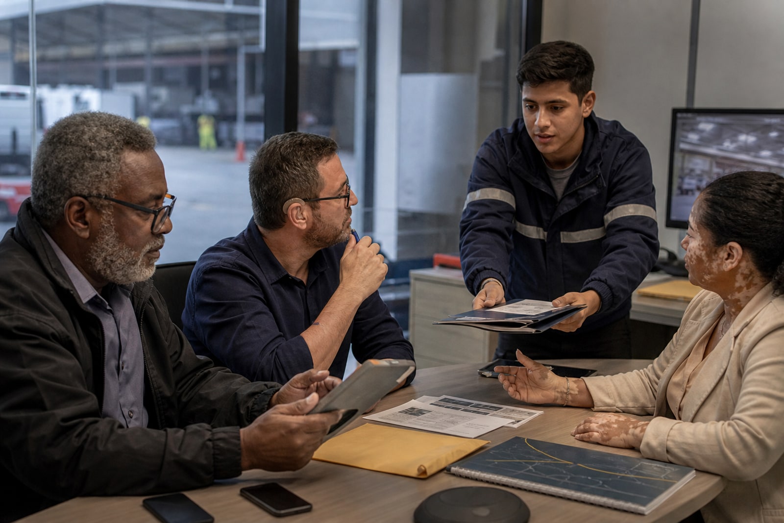 Equipe de status ao cliente preparando comunicação logística governada a partir de contexto consolidado.