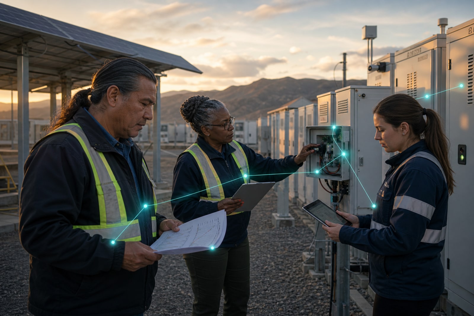 Equipe em microgrid ao nascer do sol revisando sensores, registros e evidências pós-incidente com IA assistiva.