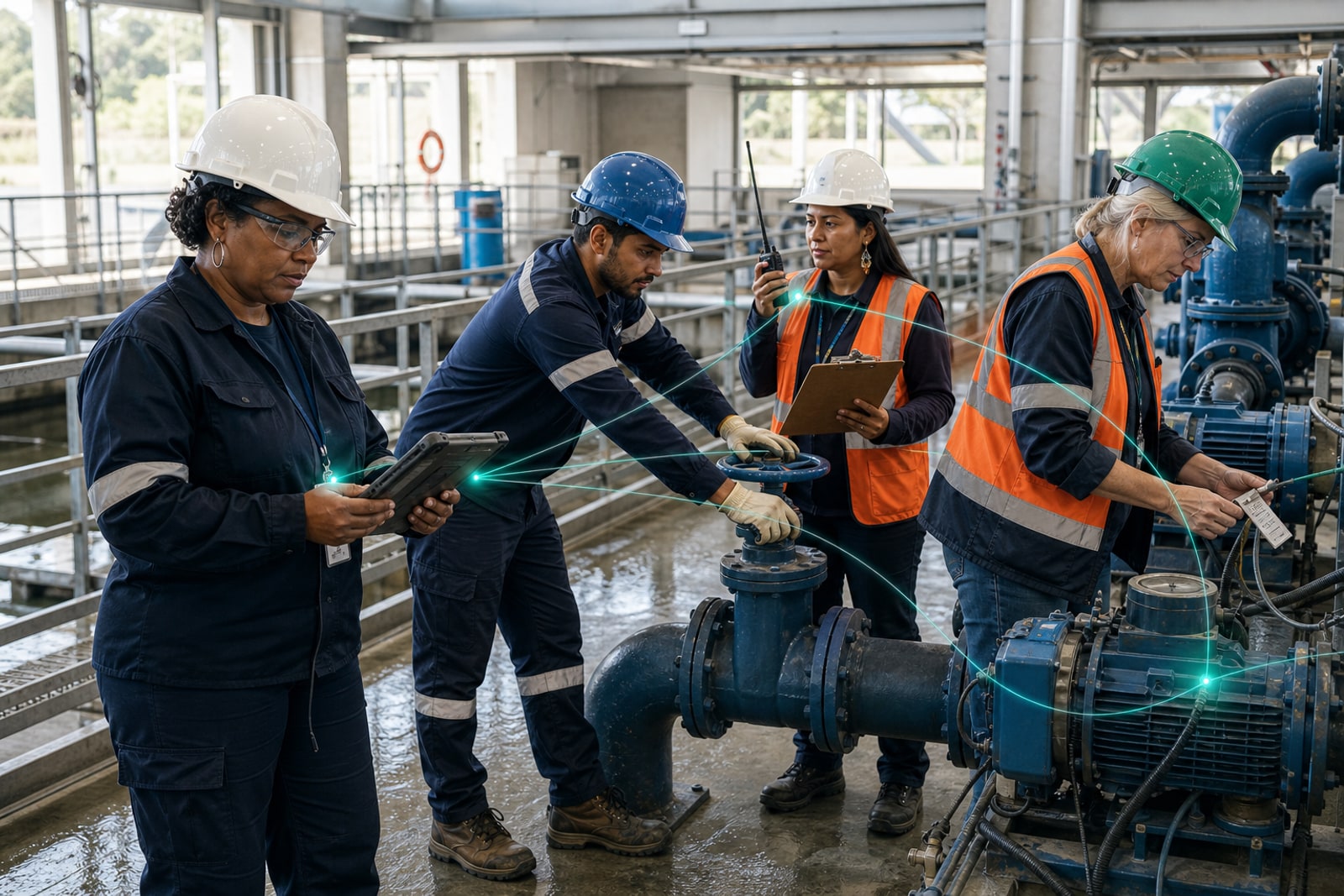 Equipe em estação de tratamento de água coordenando válvulas, bombas e atendimento de incidente com IA assistiva.